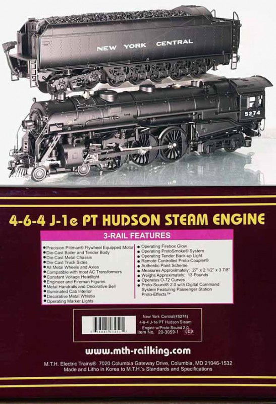 MTH 20-3059-1 NYC HUDSON LOCO & TENDER: O ga, w/sound & smoke, orig set box & insert minor wear, C9-10.