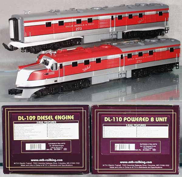 MTH GULF, MOBILE & OHIO AB DIESEL SET: O ga, 20-2326-1 A unit, 20-2326-3 B unit, w/sound, orig boxes & inserts minor wear, C9-10.