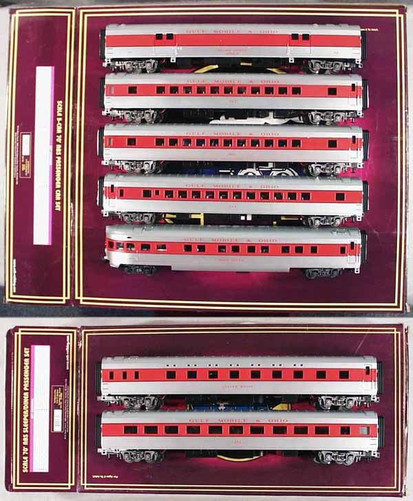 7 MTH GULF, MOBILE & OHIO CARS: O ga, 20-6584 5-car set, 20-6684 2-car set, orig boxes & inserts minor wear, C9-10.