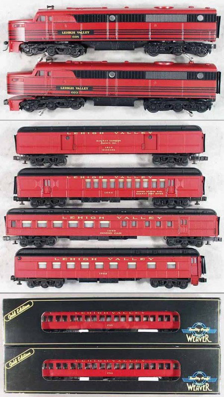 LEHIGH VALLEY BLACK DIAMOND TRAIN SET: O ga, Williams AA diesel set & 4 cars, all customized, w/2 Weaver cars, Weaver orig boxes only, C8-10.