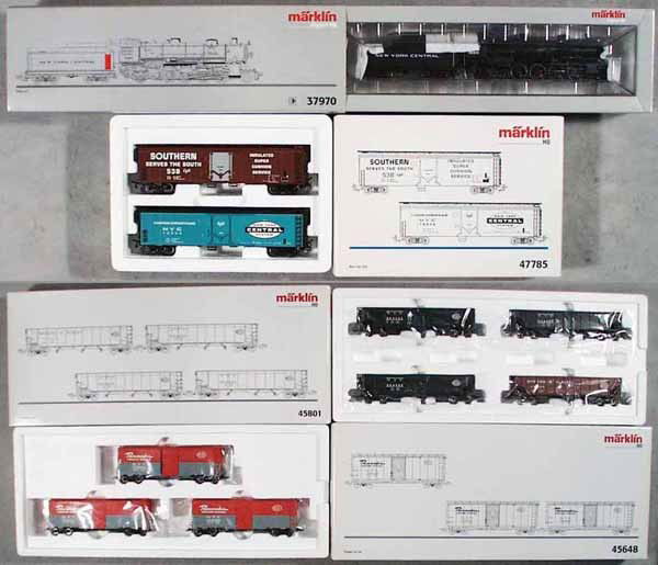 MARKLIN AMERICAN TRAIN SET: HO ga, 37970 NYC loco & tender, w/car sets 45801, 45648, 47785, orig boxes & inserts minor wear, C9-10.
