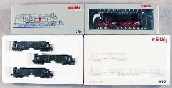 MARKLIN TRAIN SET: HO ga, 3796 German tank loco, w/46801 coal hopper set, orig boxes & inserts, C9-10.