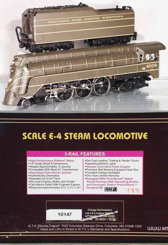 MTH 20-3034-1 C&NW HUDSON LOCO & TENDER: O ga, w/sound & smoke, orig set box & insert minor wear, C9-10.