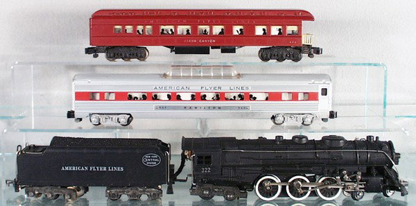 AMERICAN FLYER TRAIN SET: S ga, 322 loco & tender, 962 vista dome, 978 Grand Canyon action obsv, missing man, C5-7.