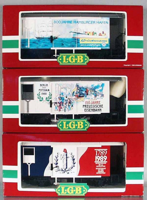 3 LGB 4028 REEFERS: G ga, 4028B, 4028FR, 4028HH, orig boxes & inserts minor wear, C9.