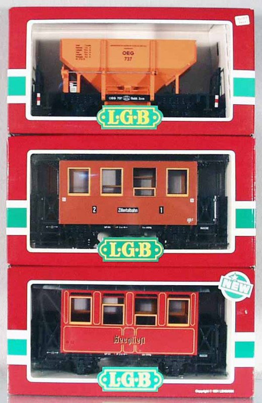 3 LGB CARS: G ga, 3007 coach, 3707 coach, 4041 ballast car, orig boxes & inserts, C9.