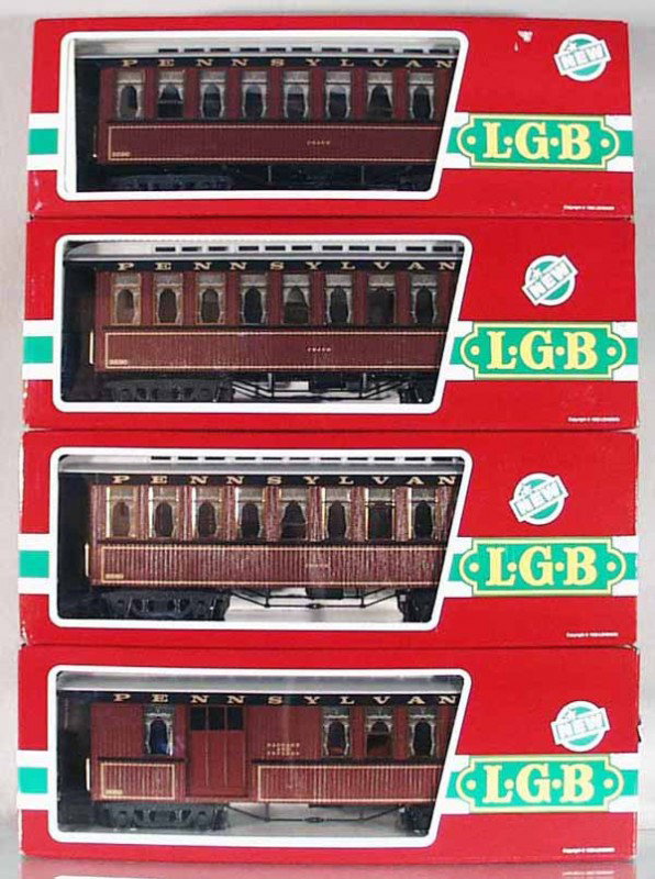 4 LGB PRR PASSENGER CARS: G ga, 3 #3280, 3281, orig boxes & inserts minor wear, C9.