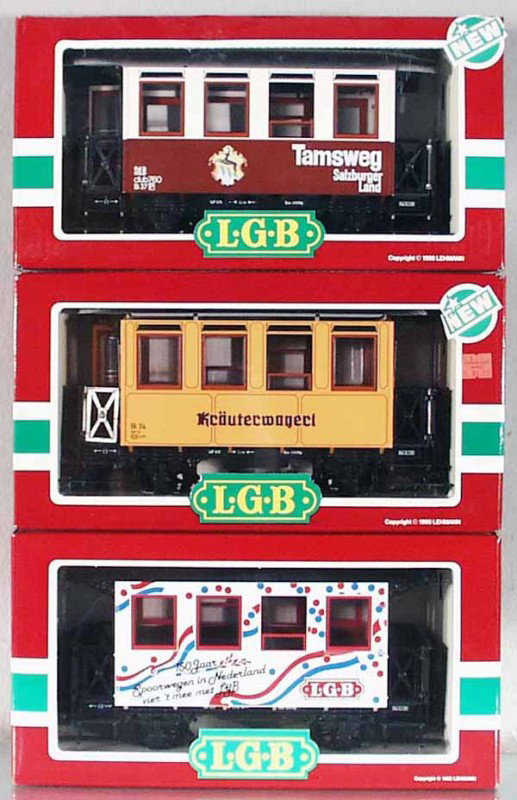 3 LGB COACHES: G ga, 3407, 3007, 3307, orig boxes & inserts, 1 rough, C7-9.