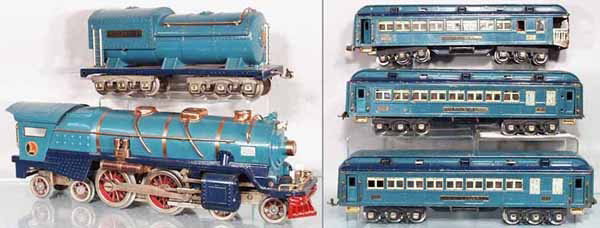LIONEL BLUE COMET TRAIN SET: std ga, 400E loco & 400T tender, both are restored, C7, w/cars 420 Faye, 421 Westphal, 422 Tempel, missing 1 handrail, cars are orig, some playwear, C4.