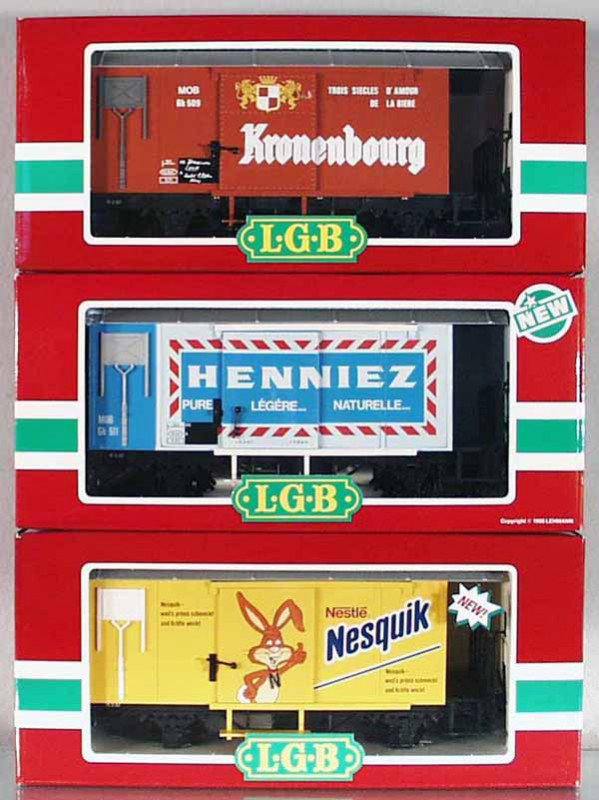 3 LGB FREIGHT CARS: G ga, 45280 Nesquik, 4228 Henniez, 4028 Kronenbourg, orig boxes & inserts, C9.