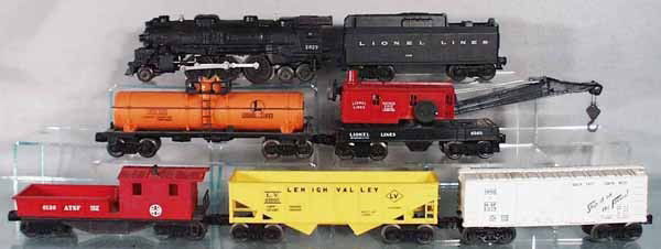 LIONEL TRAIN SET: O ga, 2029 loco, 234W tender, 6315 tank, 6560 crane, 6014 box car, 6176 hopper, 6130 caboose, C6-7.