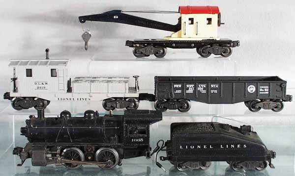 LIONEL TRAIN SET: O ga, 1665 loco, 6403B tender, 2452X gondola, 2560 crane, 2419 work caboose, chip on roof, C5.