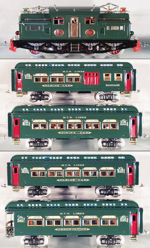 MTH 10-1181-1 408E TRAIN SET: std ga, dark green, w/cars 10-5011A, B, C & D, orig boxes & inserts minor wear, C9.