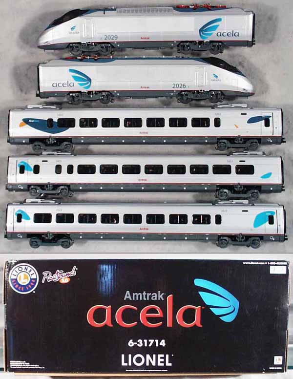 LIONEL 31714 AMTRAK ACELA TRAIN SET: O ga, AA unit w/3 cars, orig boxes & set box minor wear, C9-10.
