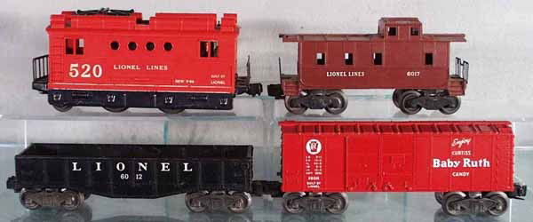 LIONEL TRAIN SET: O ga, 520 loco, 6012 gondola, 6014 box car, 6017 caboose, C6-7.