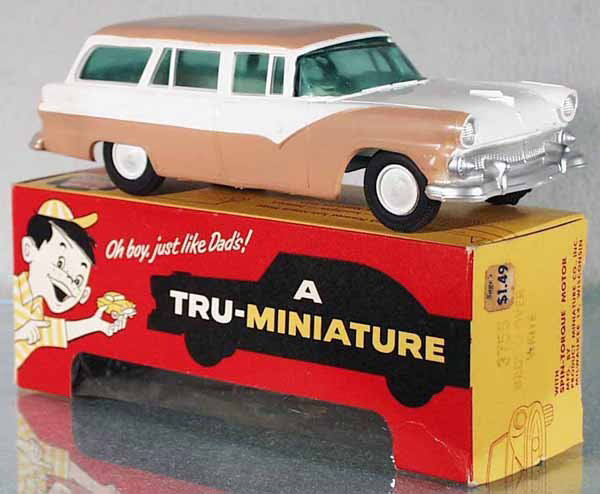 PMC 1955 FORD WAGON PROMO: plastic, white & brown, friction, working, minor body warp, orig box minor wear, cellophane window intact, C9.