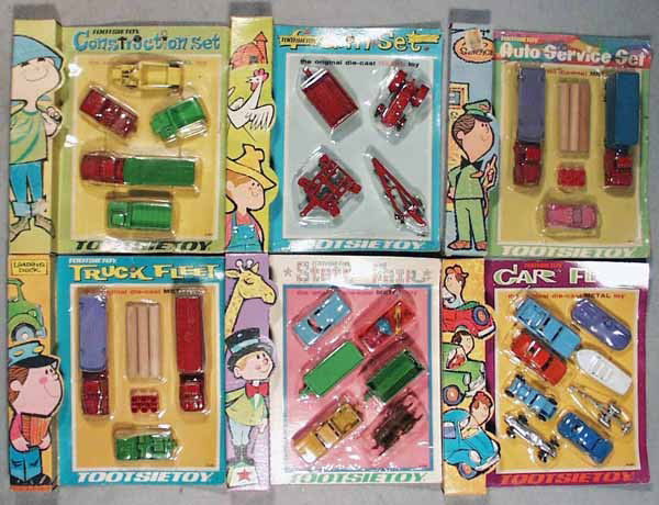 6 TOOTSIETOY SETS: 1692 Construction Set, 1686 Farm Set, 1693 Auto Service Set, 1690 Truck Fleet, 1688 State Fair, 1694 Car Fleet, all sealed to orig cards, cards have minor wear, C10.