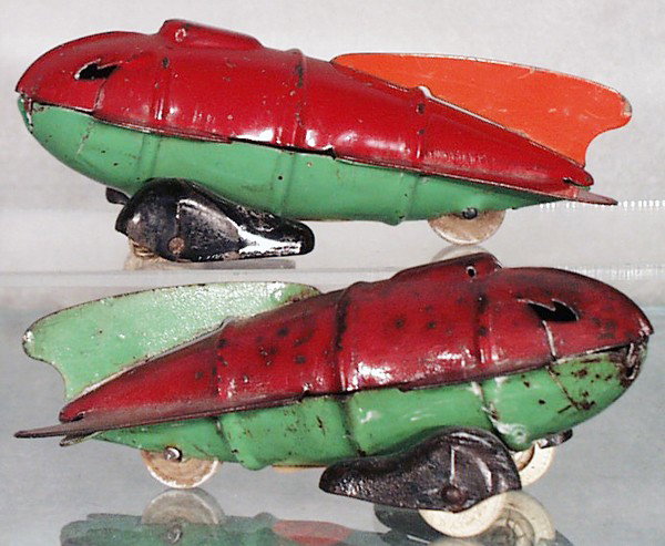 2 WYANDOTTE 319 ROCKET RACERS: painted pressed steel, 6" long, rubber tires worn, C4-5.
