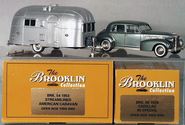 2 BROOKLIN VEHICLES: BRK86 1938 Cadillac 60 Special, BRK54 1953 Airstream Trailer, orig boxes minor wear, C8-9.