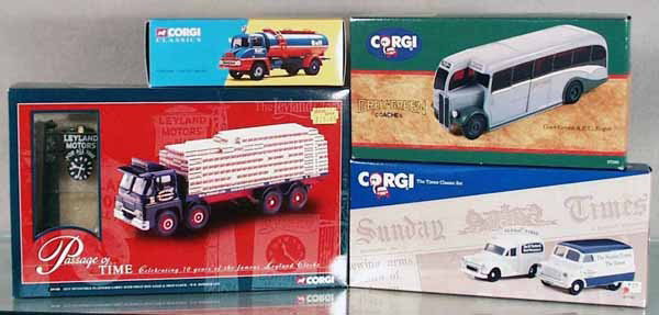 4 CORGI SETS: 30401 Thames Gulf Tanker, 97180 Grey Green Coach, 29105 Guy Lorry, w/load & clock, 97740 Sunday Times Set, orig boxes & inserts, C9-10.