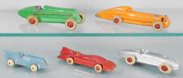 5 BARCLAY RACERS: slush die cast, BV149, 5 1/4 in, BV151, 5 1/2 in, BV55, 3 1/2 in, BV120, 4 1/4 in, BV121, 4 1/4 in, rubber tires worn, C5-7.