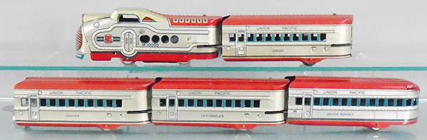 MARX 7675 UP M10005 TRAIN SET: O ga, litho tin, M10005 electric loco, Omaha, Denver & Los Angeles coaches, Squaw Bonnet obsv, w/track & transformer, orig box & dividers, C8.