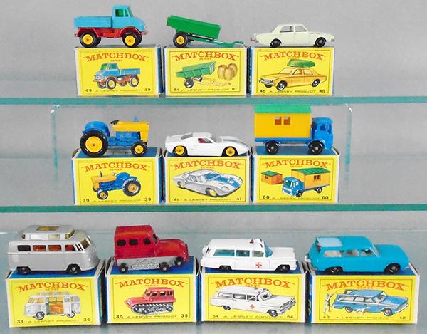 10 MATCHBOX VEHICLES: 49B2, hitch broken, 51B2, missing barrels, 45B2, no boat or rack, 39C1, 41C5, missing 1 tire, 60B1, 34C1, 35B3, missing treads, 54C2, 42B2, missing figures, orig boxes minor wear, C6-8.