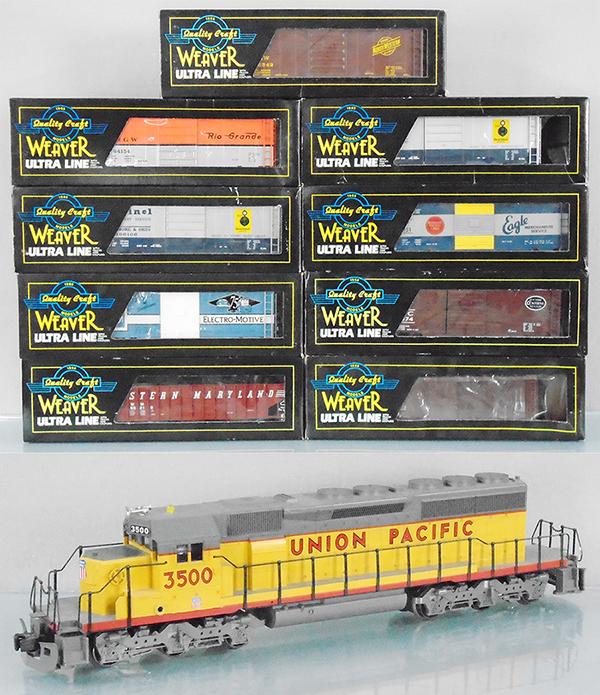 WEAVER UP FREIGHT SET: O ga, 3-rail, SD-40 loco w/twin motors, horn & QSI, w/U3305, 3087, 3081, 3078, 4029, 3085, 64151, 3085, 1 broken step, electromotive box car, orig boxes & inserts minor wear, C7-9.