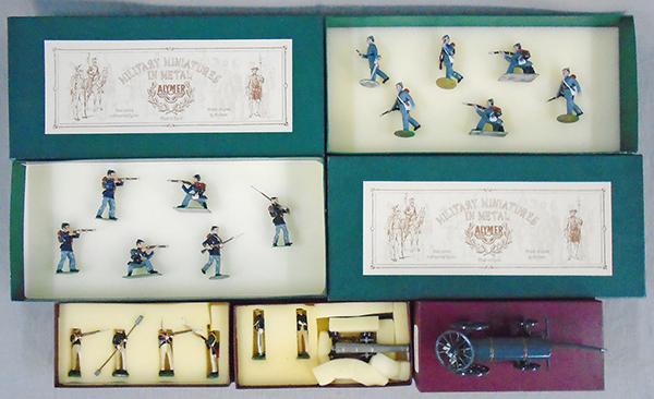 ALYMER & STEADFAST SOLDIERS: Alymer AB-9 Union Infantry, AB-10 Confederate Infantry, Steadfast SF/DS10 Gun Crew, SF/DS11 Gun & Crew, SF/DS36 Caisson, orig boxes & inserts, C8-9.