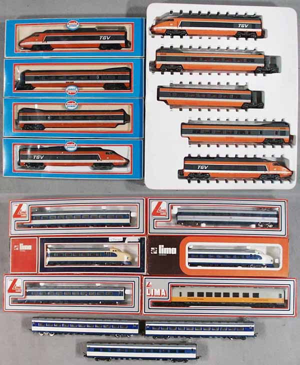 TGV BULLET TRAIN LOT: HO ga, 2-rail, Lima & Model Power, 10 orig boxes only, 1 insert, C7-9.