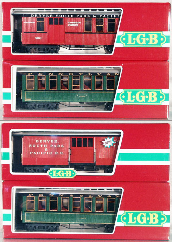 4 LGB COACHES: G ga, 2 #3080EO1, 3181, 32840, orig boxes & inserts, C9-10.