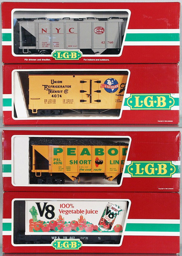 4 LGB FREIGHT CARS: G ga, 42760 NYC hopper, 4074-202 Schlitz reefer, 4076-X01 Peabody coal hopper, 41850 V8 reefer, container scuffed, orig boxes minor wear, 2 missing inserts, V8 is C6-7, rest C8-9.