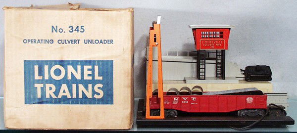 LIONEL 345 OPERATING CULVERT UNLOADER: O ga, gantry needs restringing, w/6342 culvert car, oxidation on base, car & culverts, orig set box minor wear, C5.