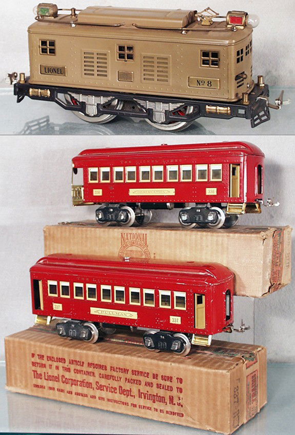 LIONEL TRAIN SET: std ga, 8 loco, restored in mojave, 337 Pullman, 338 obsv, red, orig boxes minor wear, C6-8.