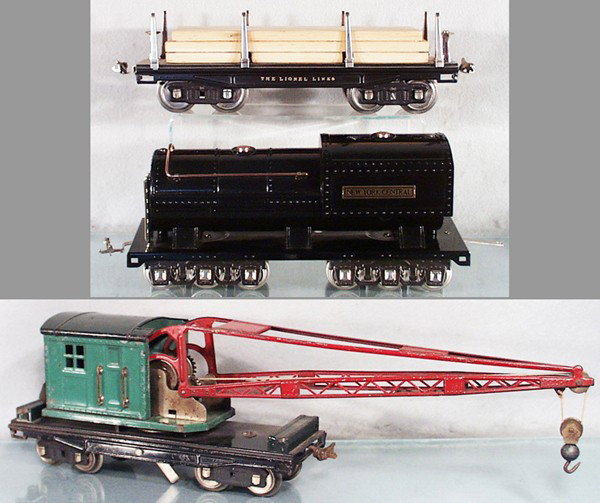 LIONEL TRAIN LOT: std ga, 211 flat w/lumber, restored, MTH 400T tender, 219 derrick, gears replaced, C5-8.