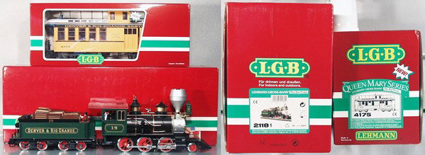 LGB D&RG LOCO, TENDER & CABOOSE: G ga, 2118 D&RG loco & tender, w/sound & smoke, 4175 D&RG caboose, orig boxes & inserts, C9-10.