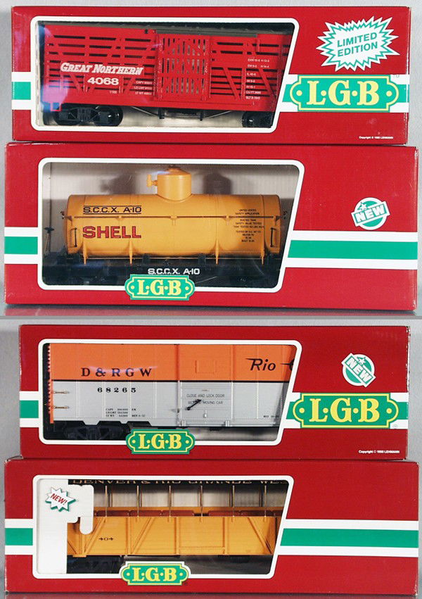 4 LGB FREIGHT CARS: G ga, 4068-No1 stock car, 4280 Shell tank, 4091 D&RGW box car, 30260 D&RGW sightseeing coach, orig boxes minor wear, 1 missing insert, C8-9.