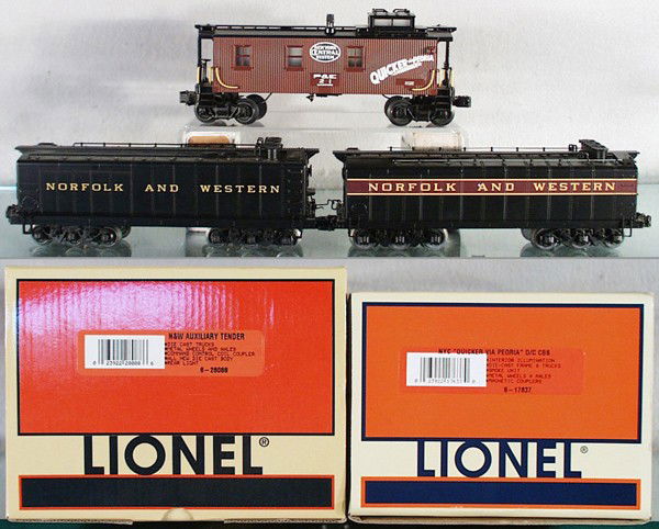 3 LIONEL CARS: O ga, 17637 NYC caboose, w/smoke, orig box & insert, 28088 N&W tender, orig box & insert, N&W tender, no orig box, C8-9.
