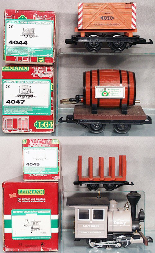 LGB TRAIN SET: G ga, 2077D loco, w/freight cars 4044, 4045 & 4047, orig boxes & inserts minor wear, C8.