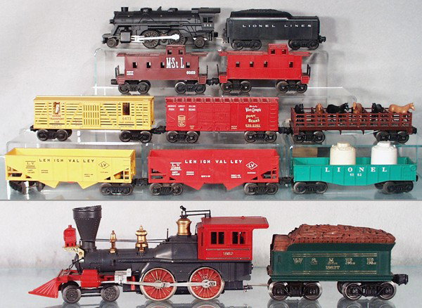 2 LIONEL TRAIN SETS: O ga, 244 loco, 1 cowcatcher step broken, 1030T tender, 6059 caboose, 6167-25 caboose, 6473 horse car, 1 catwalk end chipped, 6382 Van Camps box car, 1877 flat w/horses, 6176 hopper, 6076 hopper, 6142