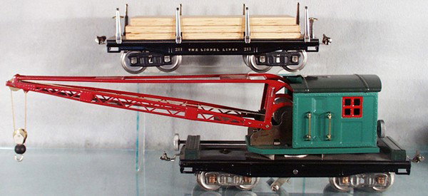 2 LIONEL FREIGHT CARS: std ga, 211 flat w/lumber, 219 derrick, gears replaced, both restored, C8.