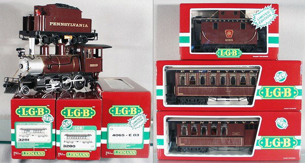 LGB PRR TRAIN SET: G ga, 4065-E03 PRR loco & tender, w/sound & smoke, 3280 coach, 3281 coach, orig boxes & inserts, C9-10.