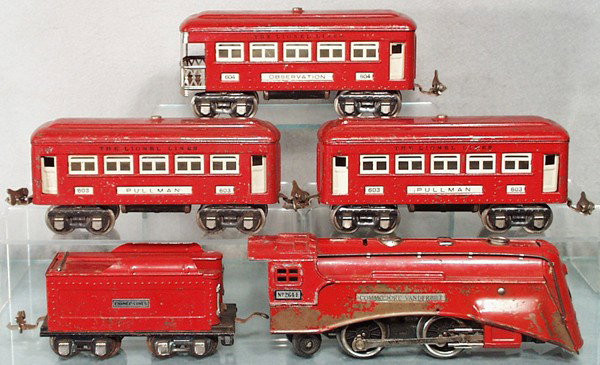 LIONEL RED COMET TRAIN SET: O ga, 264E loco, paint loss on 1 side, missing front truck wheels, 261T tender, 2 #603 Pullmans, 604 obsv, C4-5.