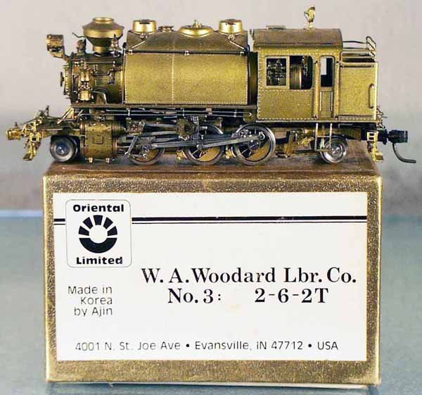 ORIENTAL LTD WOODARD LUMBER TANK LOCO: HO ga, 2-rail, unpainted brass, some light tarnishing, orig box & insert minor wear, C7-8.
