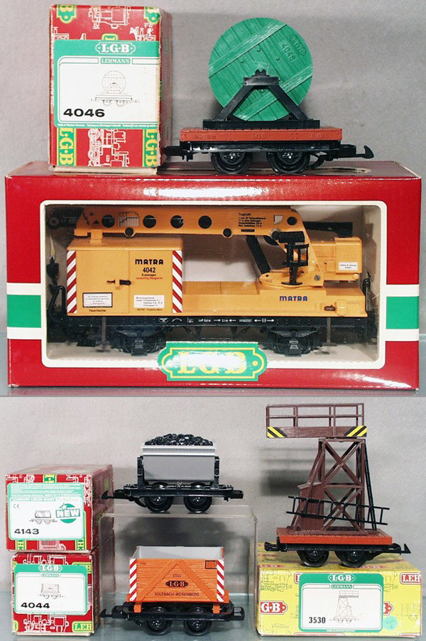 5 LGB FREIGHT CARS: G ga, 4042, 3530, 4046, 4143, 4044, orig boxes & inserts, C8-9.