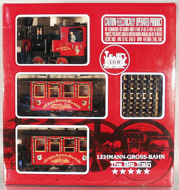 LGB 20150 GERMAN RWY 150TH ANNIV. SET: G ga, w/loco, 2 cars, track & figures, no transformer, orig set box & inserts C8-9.
