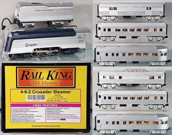 MTH READING TRAIN SET: O ga, 30-1152-1 Crusader loco & tender, w/smoke & sound, w/6 MTH Reading coaches, orig boxes & inserts, C8-9.