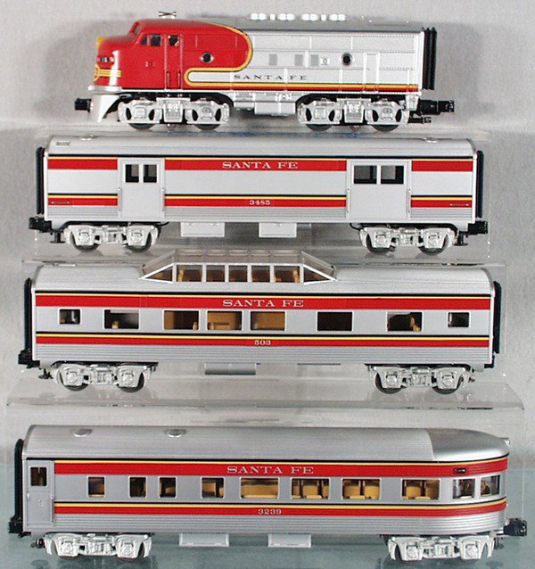 MTH SF TRAIN SET: O ga, powered A unit w/3 passenger coaches, C8.