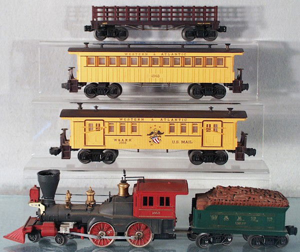 LIONEL 1800 GENERAL SET: O ga, 1862 loco, 1862T tender, 1866 baggage, 1865 coach, 1877 cattle car, orig set box waterdamaged, C6-7.