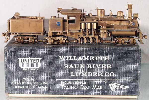 UNITED SCALE MODELS LOCO & TENDER: HO ga, 2-rail, Willamette Sauk River Lumber Co, unpainted brass, tarnished, orig box & insert, C8.